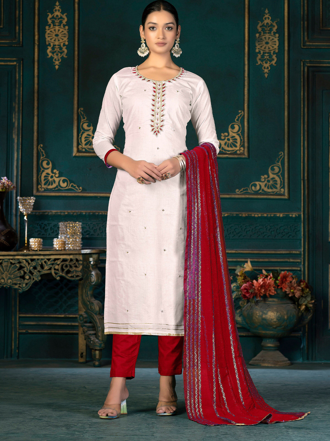 

KALINI Ethnic Motifs Embellished Beads & Stones Detail Unstitched Dress Material, Beige