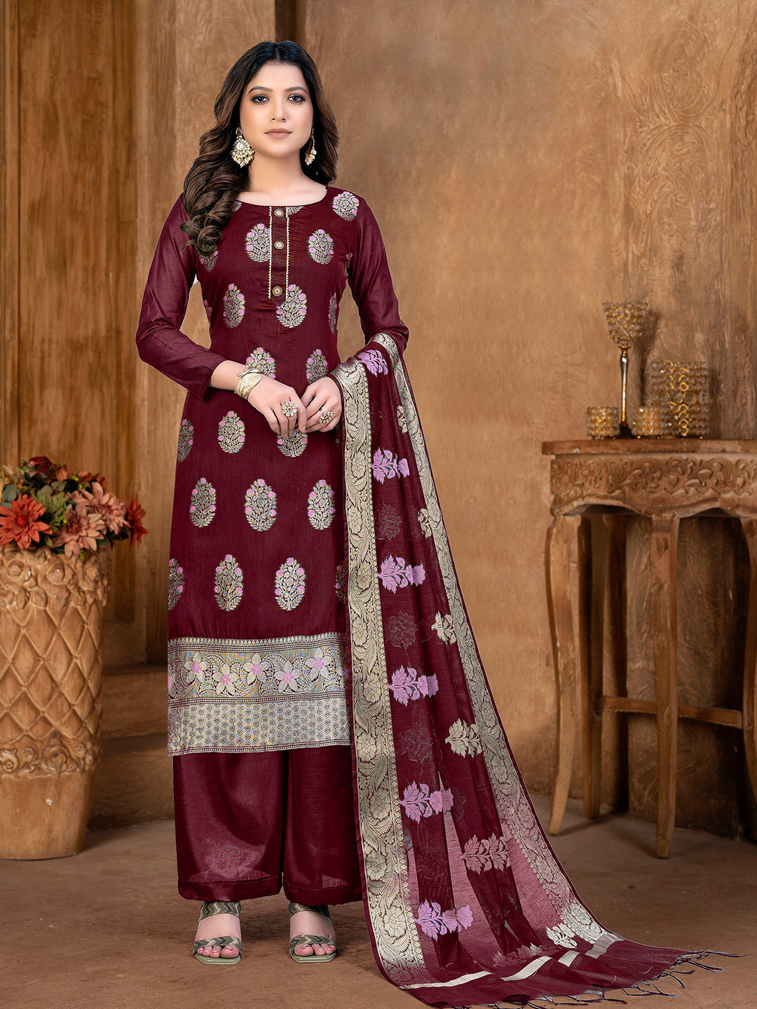 

KALINI Ethnic Motifs Woven Design Gotta Patti Detail Unstitched Dress Material, Magenta