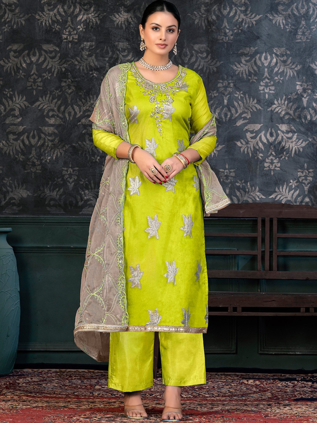 

KALINI Ethnic Motifs Woven Design Beads and Stones Detail Unstitched Dress Material, Green