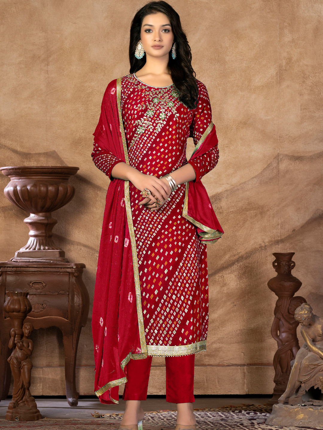 

KALINI Bandhani Printed Gotta Patti Pure Cotton Unstitched Dress Material, Red