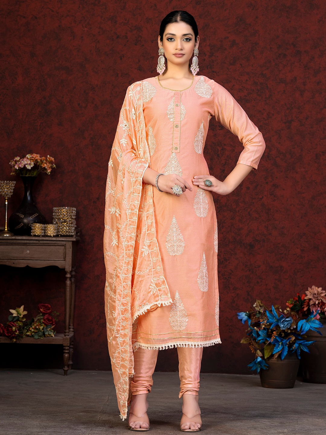 

KALINI Ethnic Motifs Embroidered Sequined Unstitched Dress Material, Peach