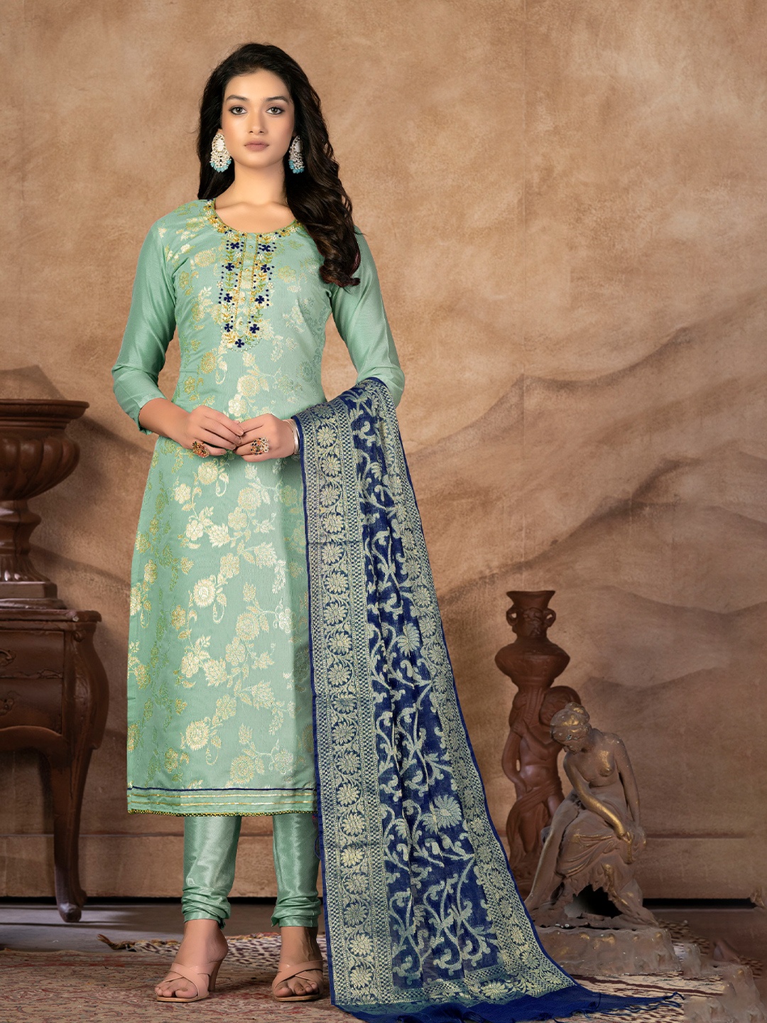 

KALINI Floral Woven Design Beads & Stones Detailed Jacquard Unstitched Dress Material, Green