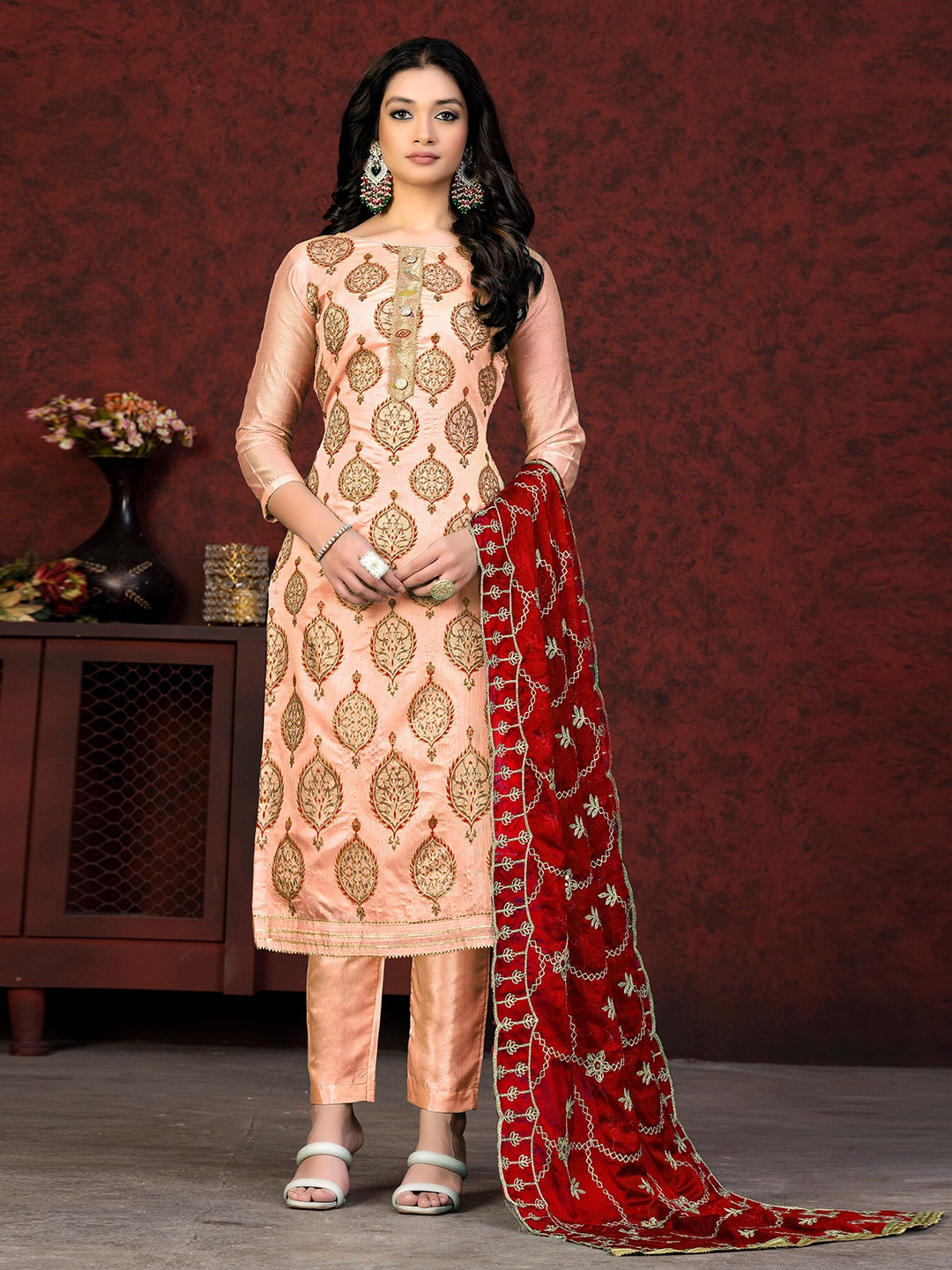 

KALINI Ethnic Motiufs Embroidered Gotta Patti Unstitched Dress Material, Peach