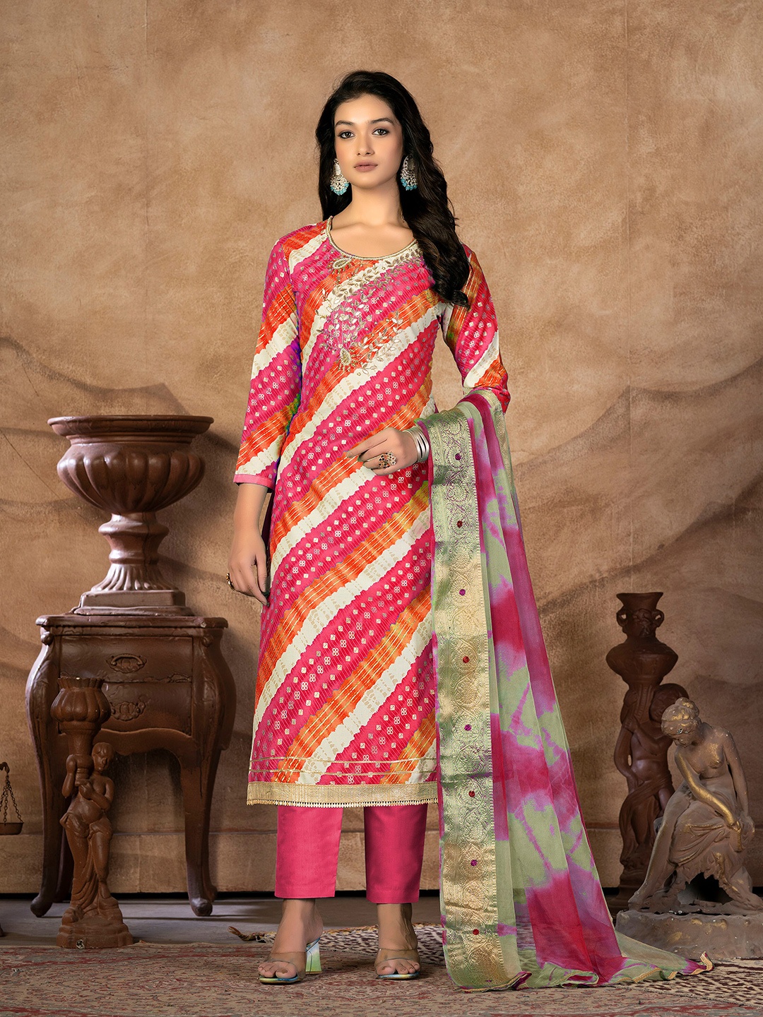 

KALINI Ethnic Motifs Embroidered Beads and Stones Detail Unstitched Dress Material, Red