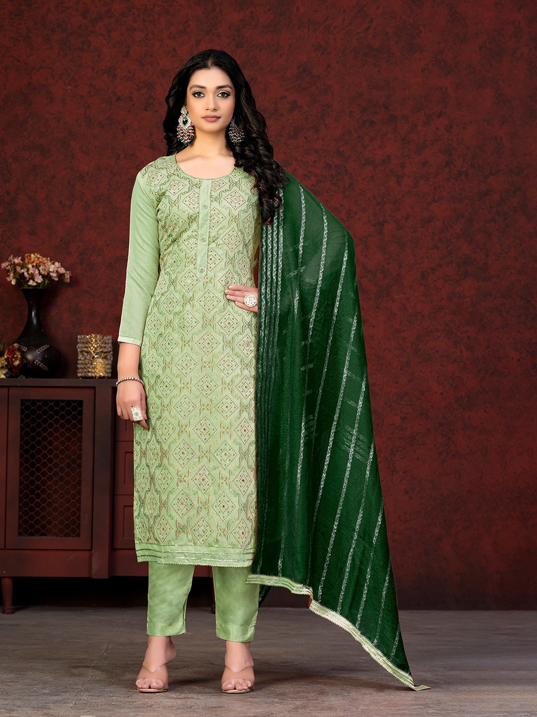 

KALINI Sea Green & Green Printed Unstitched Dress Material