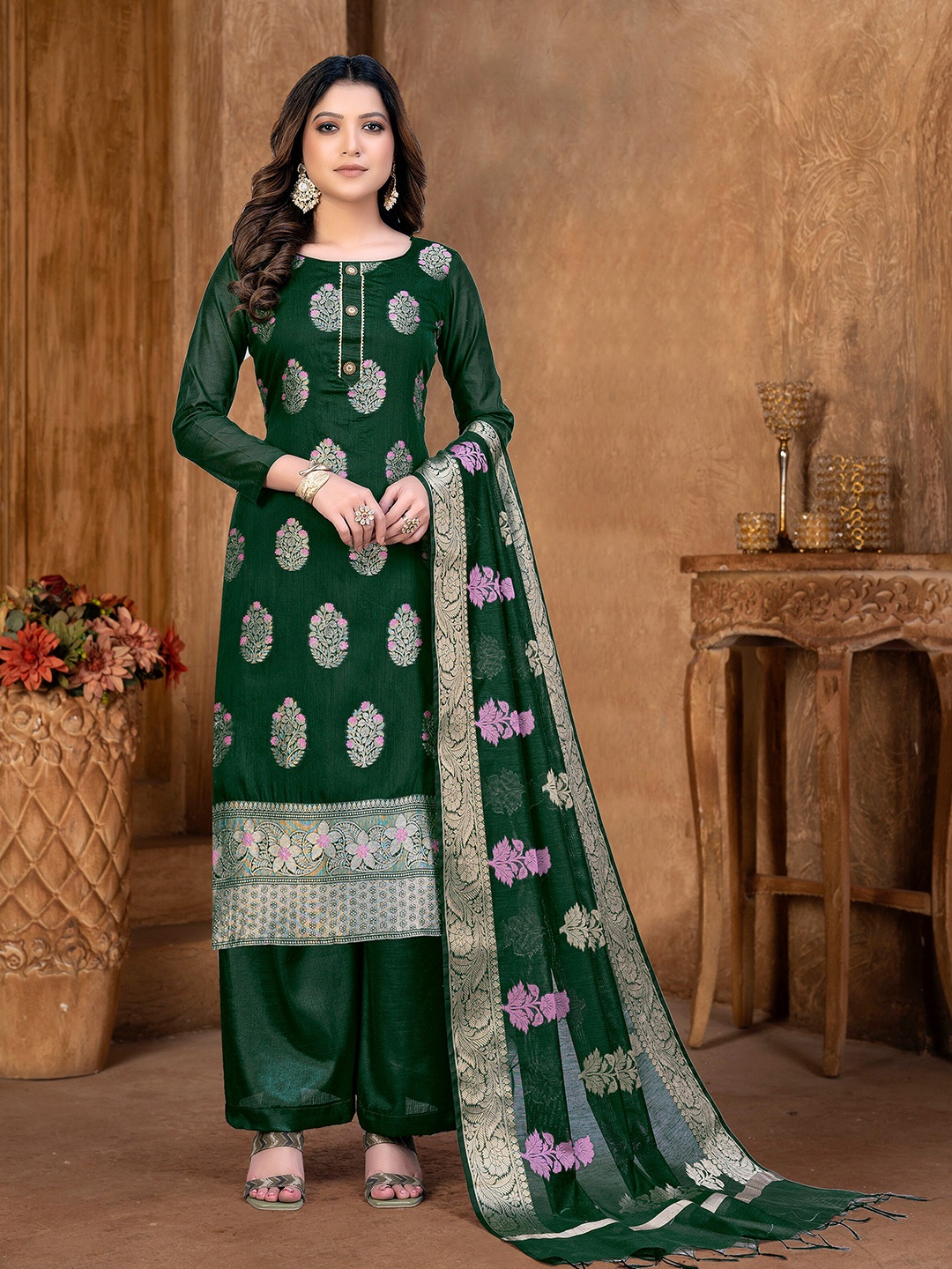 

KALINI Ethnic Motifs Woven Design Gotta Patti Detailed Unstitched Dress Material, Green