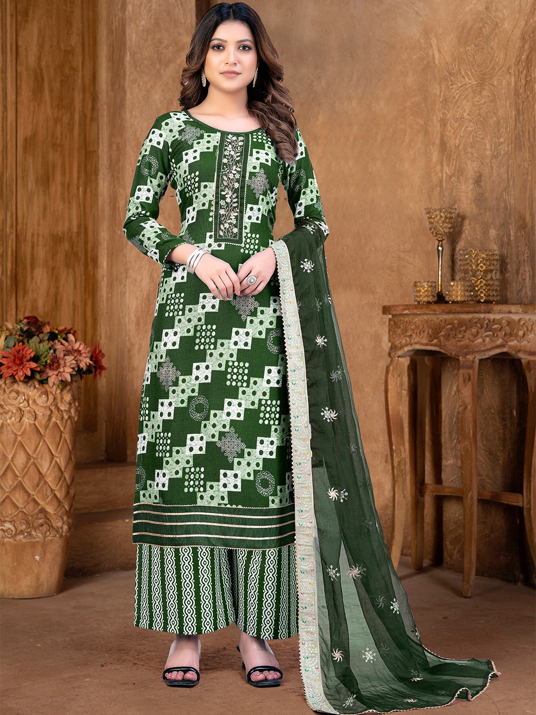 

KALINI Green & Green Embroidered Pure Cotton Unstitched Dress Material