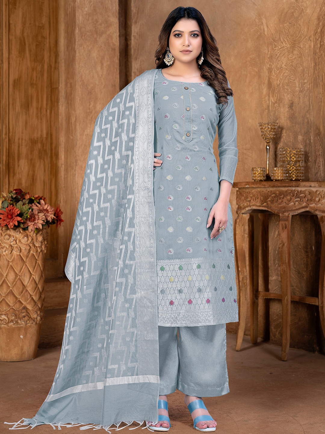 

KALINI Ethnic Motifs Woven Design Gotta Patti Detailed Unstitched Dress Material, Grey