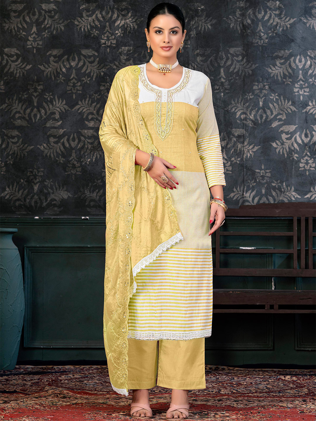 

KALINI Multicoloured & Yellow Embroidered Pure Cotton Unstitched Dress Material