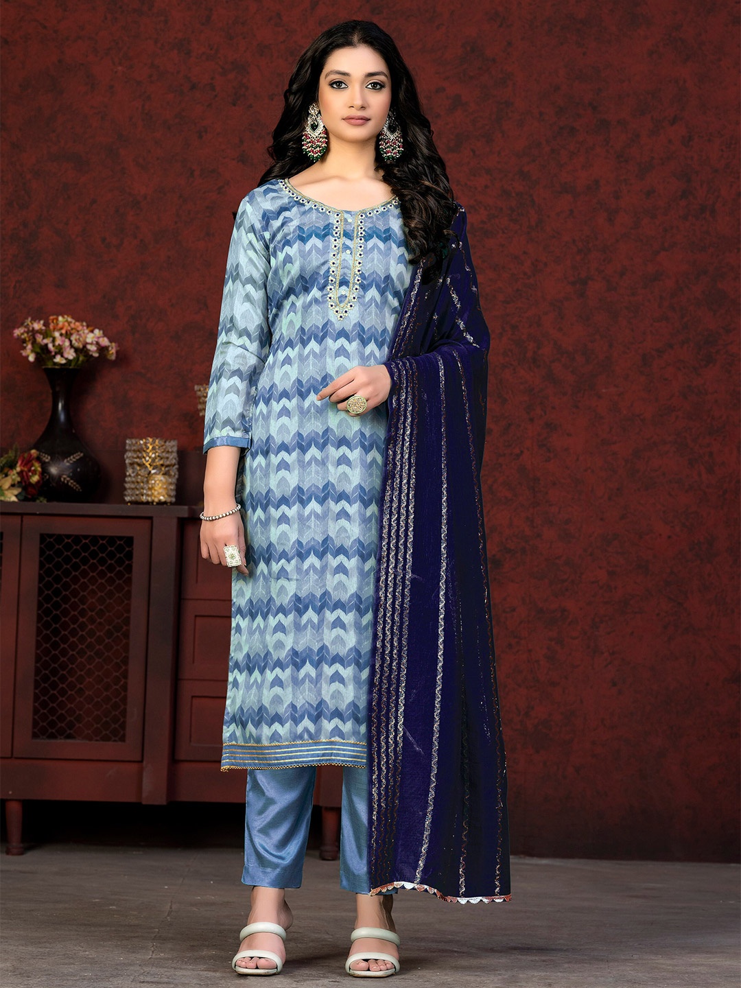 

KALINI Multicoloured & Blue Printed Unstitched Dress Material