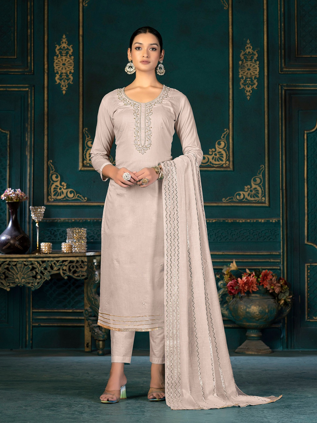 

KALINI Beige & Beige Embroidered Unstitched Dress Material