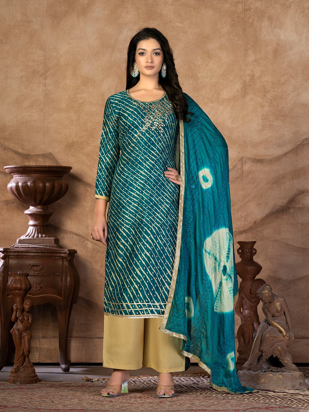 

KALINI Teal & Beige Embroidered Pure Cotton Unstitched Dress Material