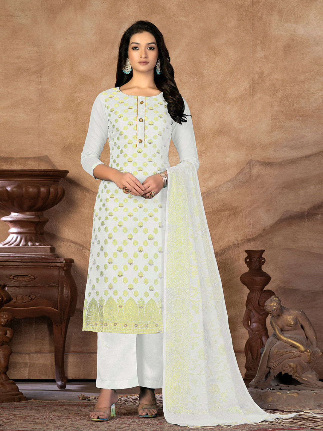 

KALINI White & White Unstitched Dress Material