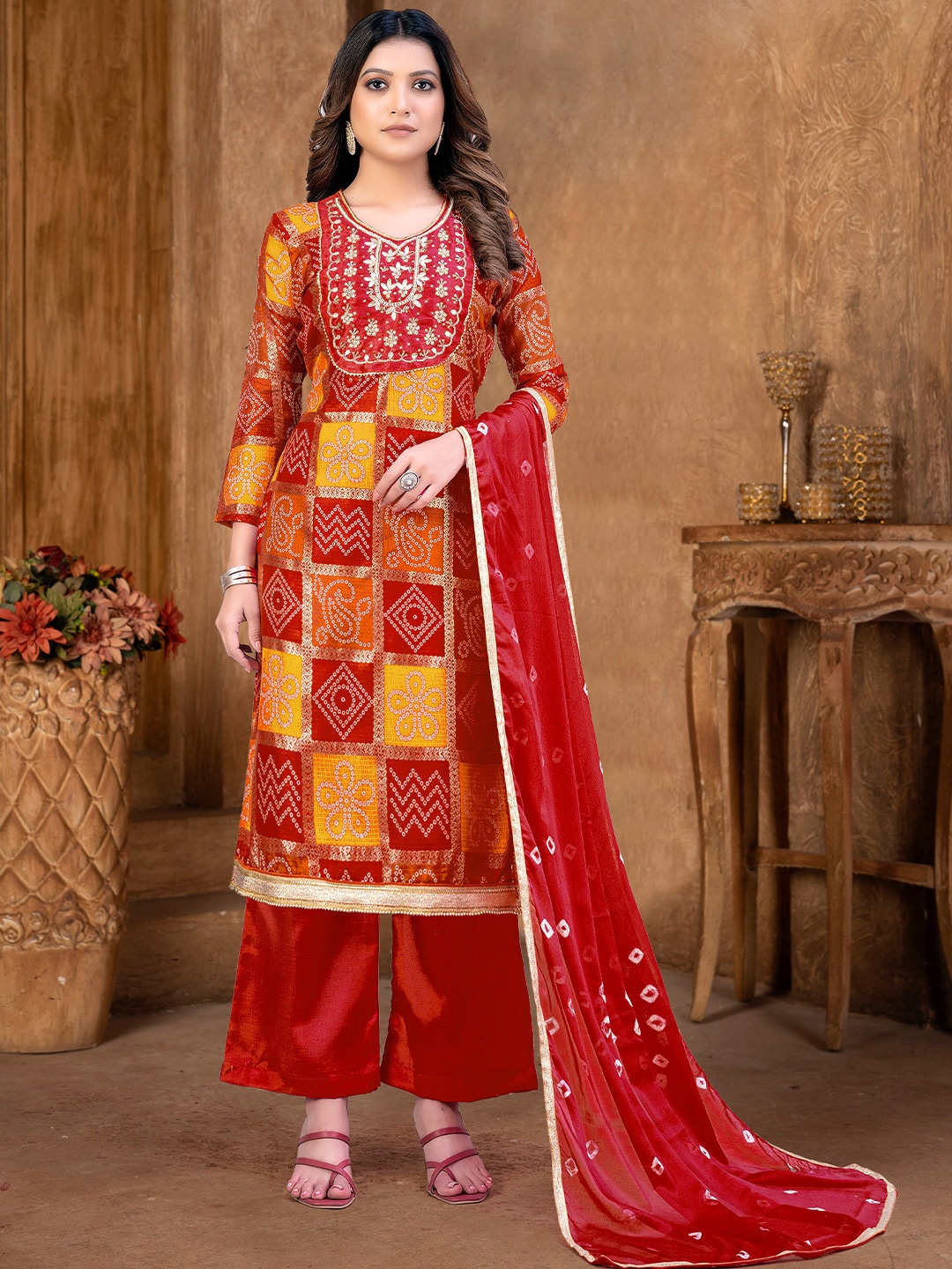 

KALINI Multicoloured & Red Printed Pure Cotton Unstitched Dress Material