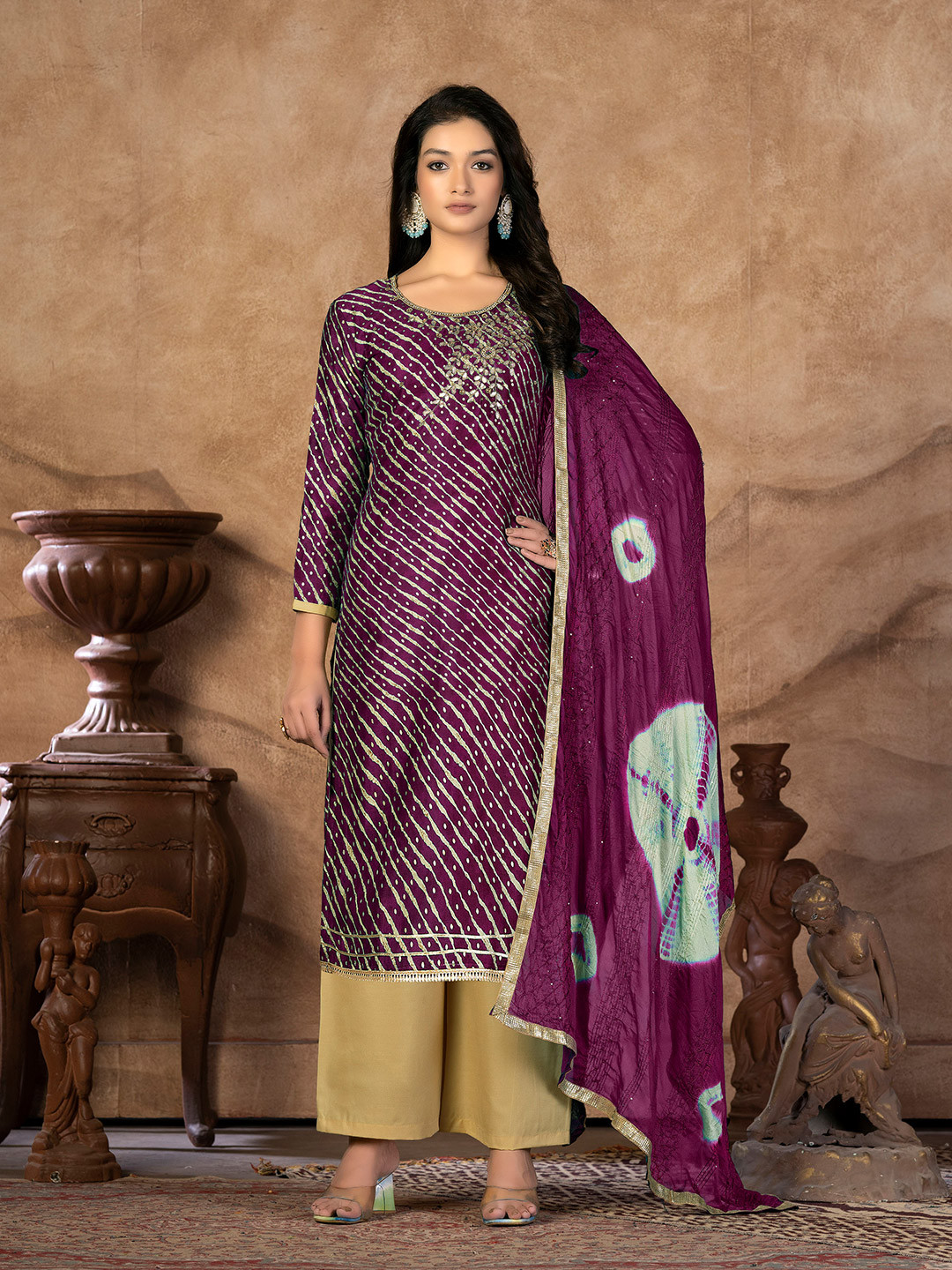 

KALINI Floral Embroidered Mirror Work Pure Cotton Unstitched Dress Material, Purple