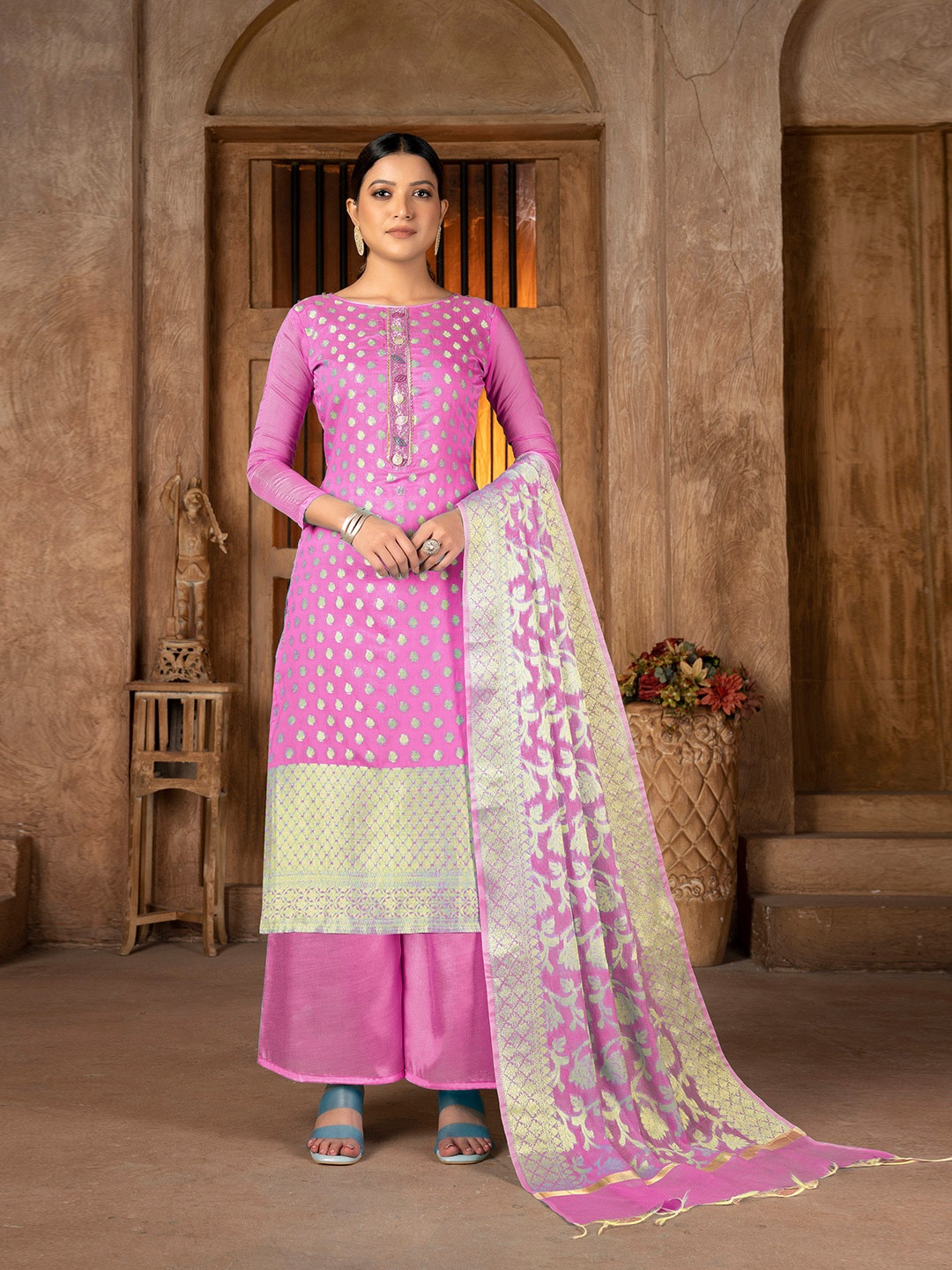 

KALINI Ethnic Motifs Woven Design Zari Unstitched Dress Material, Pink