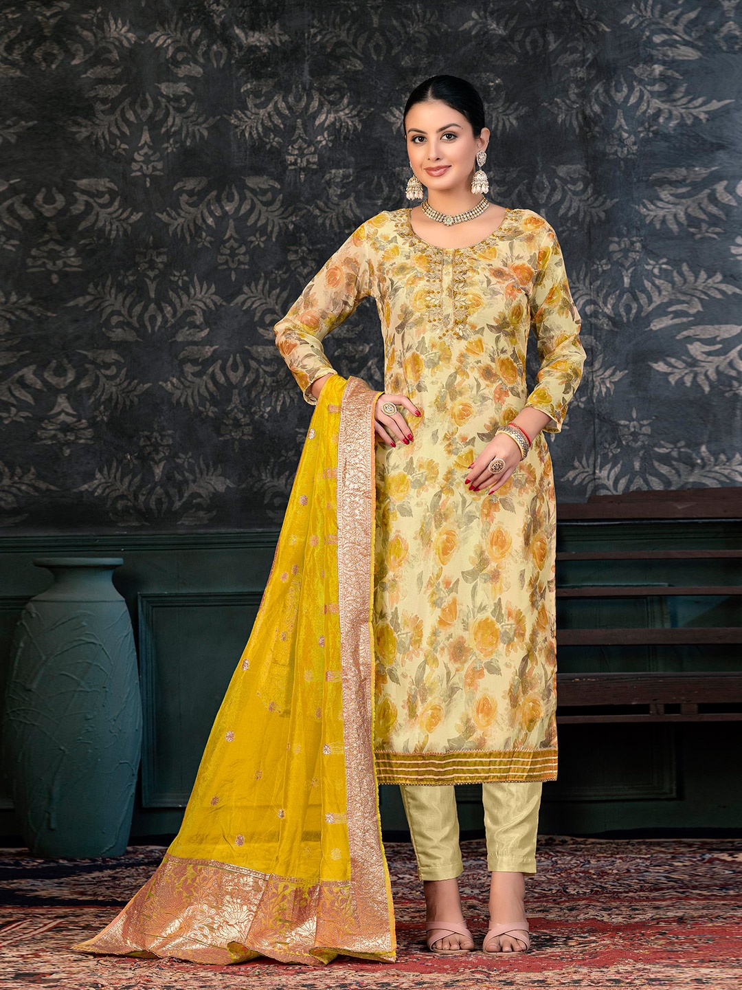 

KALINI Floral Embroidered Mirror Work Unstitched Dress Material, Yellow