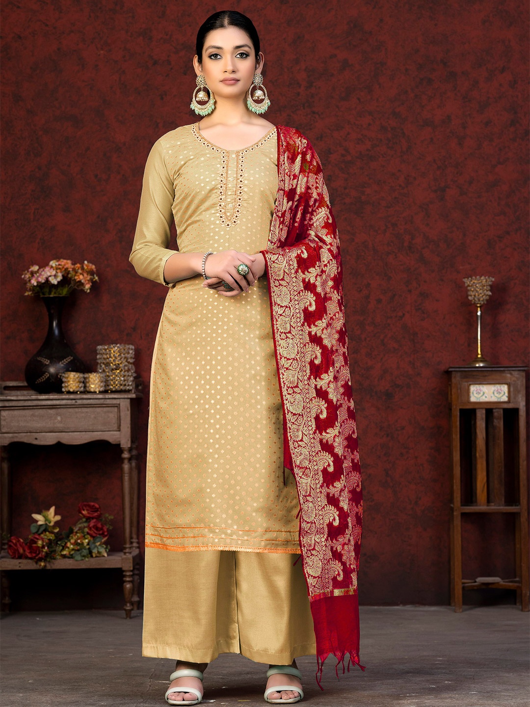 

KALINI Floral Woven Design Beads and Stones Unstitched Dress Material, Beige