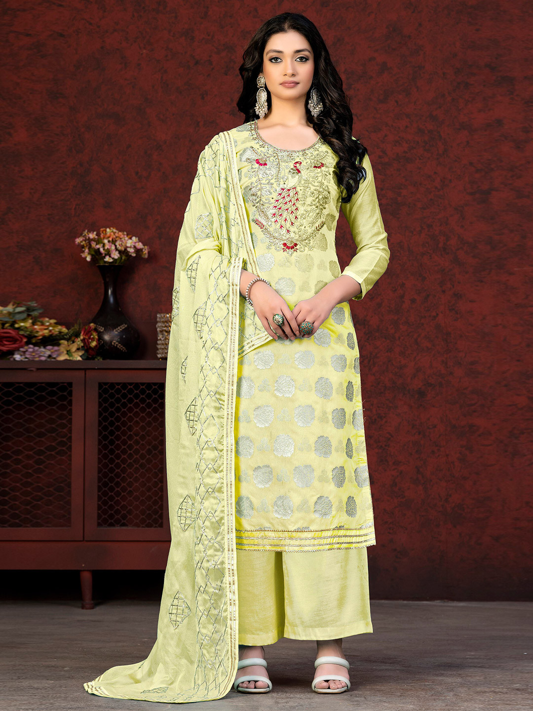 

KALINI Ethnic Motifs Woven Design Beads & Stones Detail Jacquard Unstitched Dress Material, Yellow