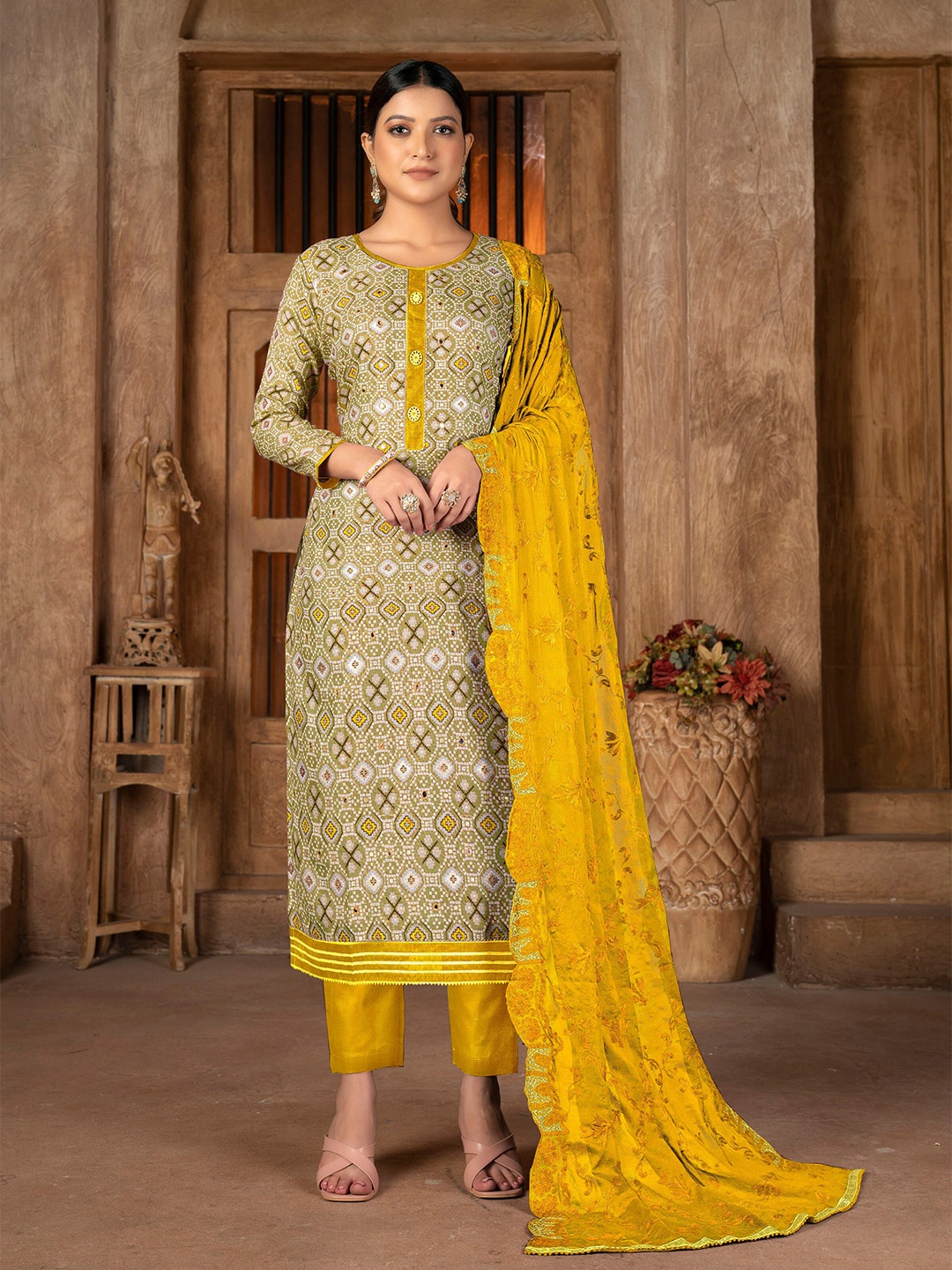 

KALINI Multicoloured & Yellow Embroidered Unstitched Dress Material