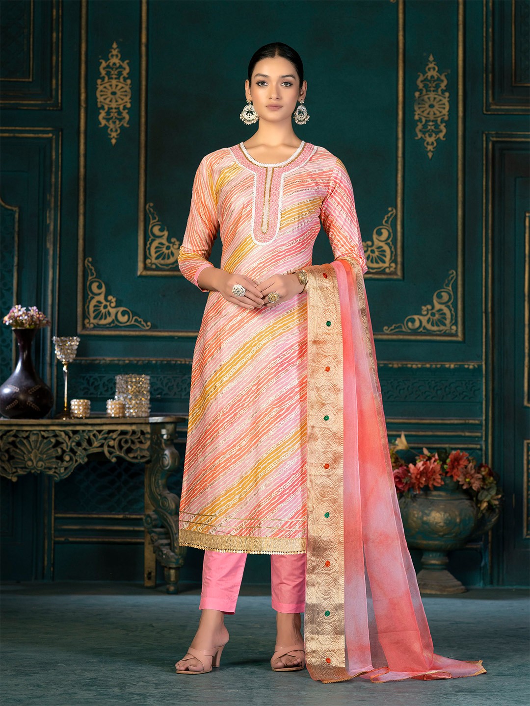 

KALINI Leheriya Printed Sequinned Detailed Unstitched Dress Material, Peach