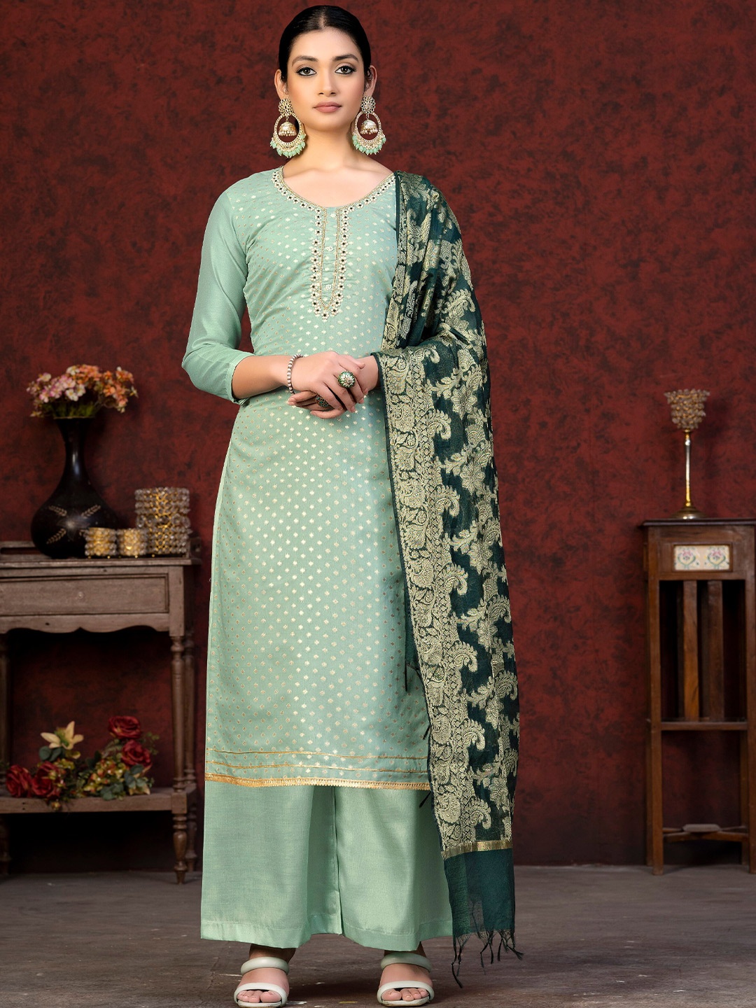 

KALINI Ethnic Motifs Woven Design Beads & Stones Detail Jacquard Unstitched Dress Material, Sea green