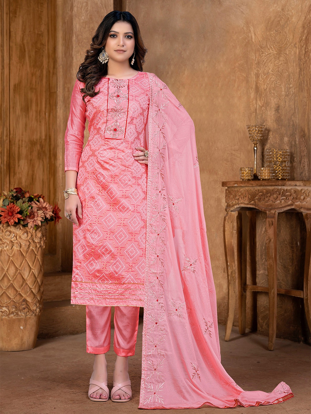 

KALINI Pink & Pink Embroidered Unstitched Dress Material