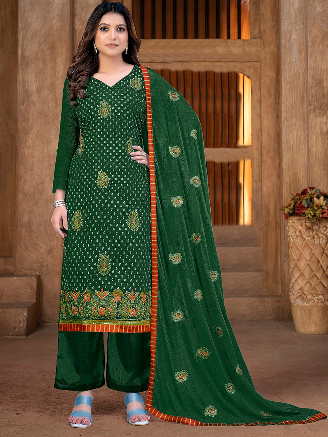 

KALINI Green & Green Embroidered Unstitched Dress Material