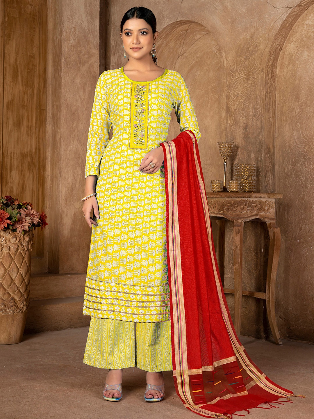 

KALINI Yellow & Yellow Embroidered Pure Cotton Unstitched Dress Material
