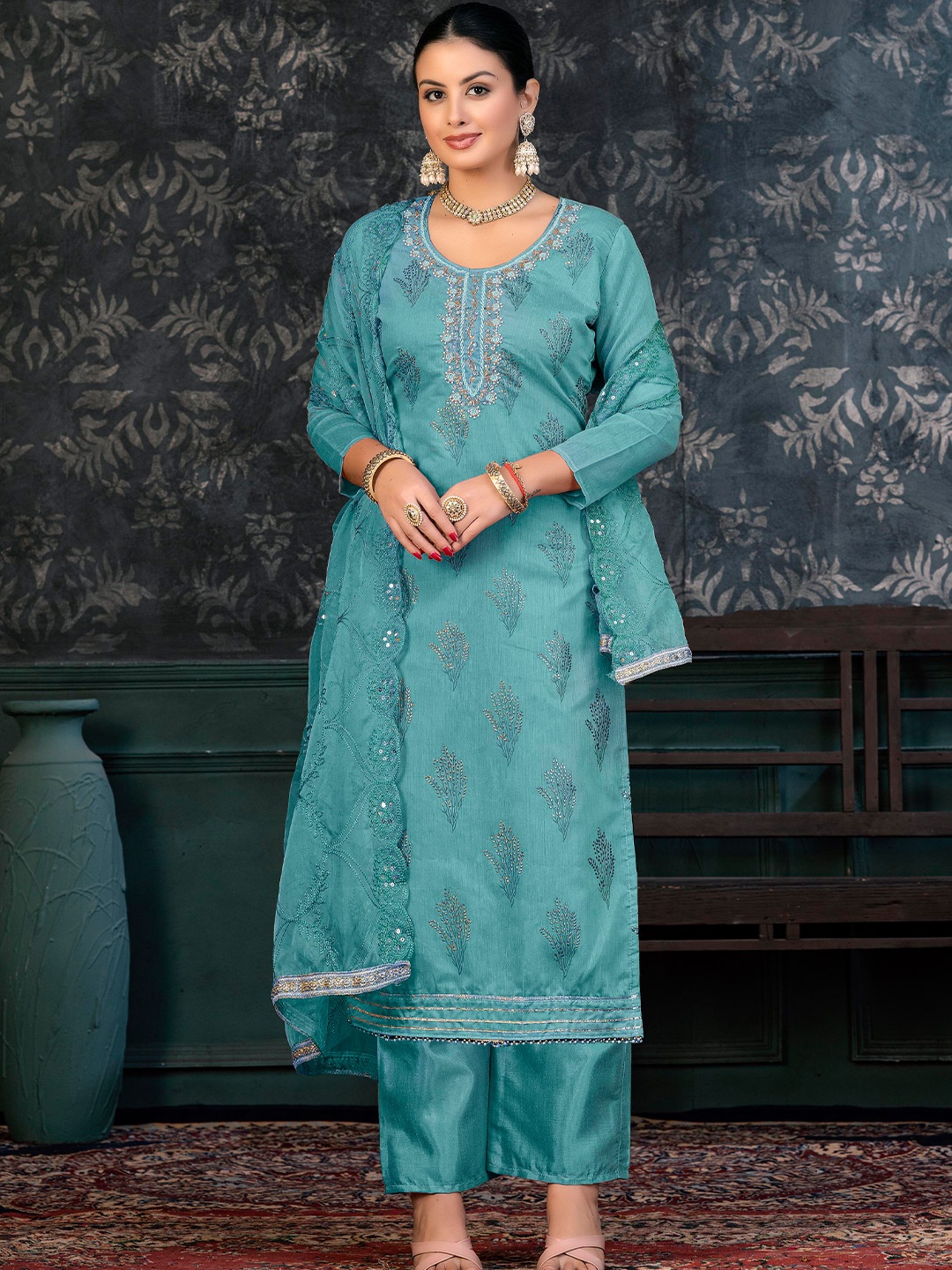 

KALINI Teal & Blue Embroidered Unstitched Dress Material