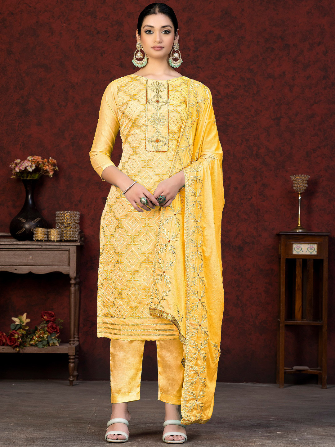 

KALINI Yellow & Yellow Embroidered Unstitched Dress Material