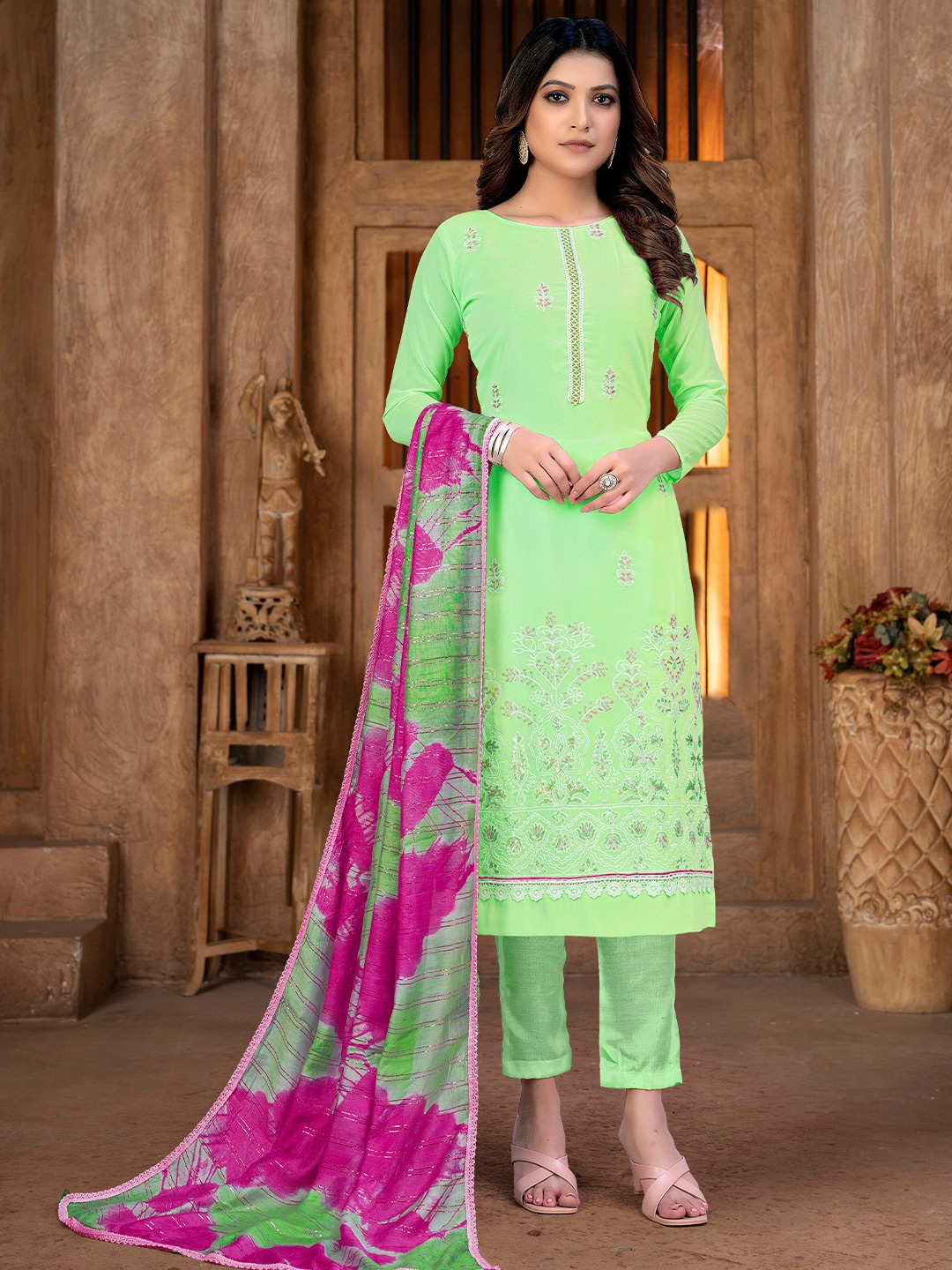 

KALINI Floral Embroidered Silk Georgette Unstitched Dress Material, Green