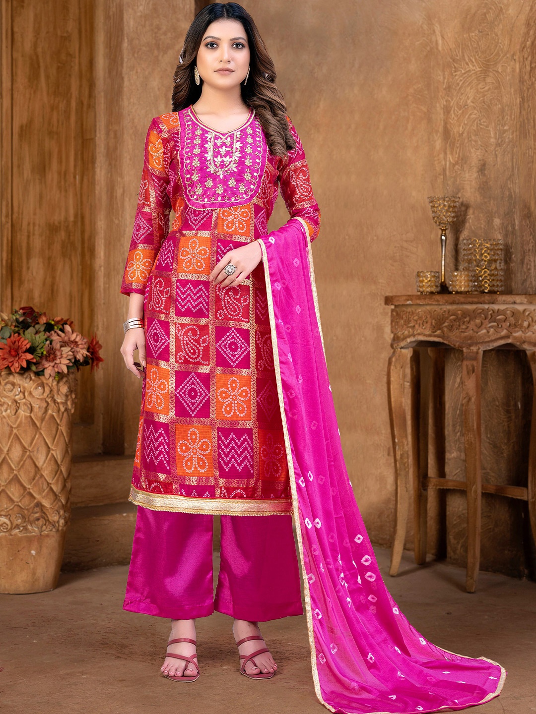 

KALINI Ethnic Motifs Printed Unstitched Dress Material, Pink