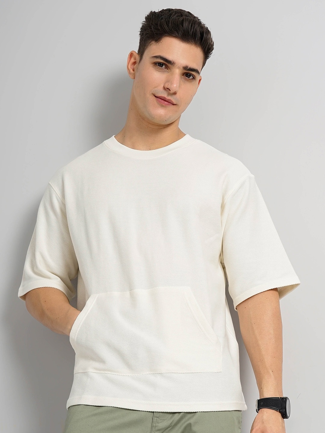 

Celio Drop-Shoulder Sleeves Boxy Cotton T-shirt, Beige