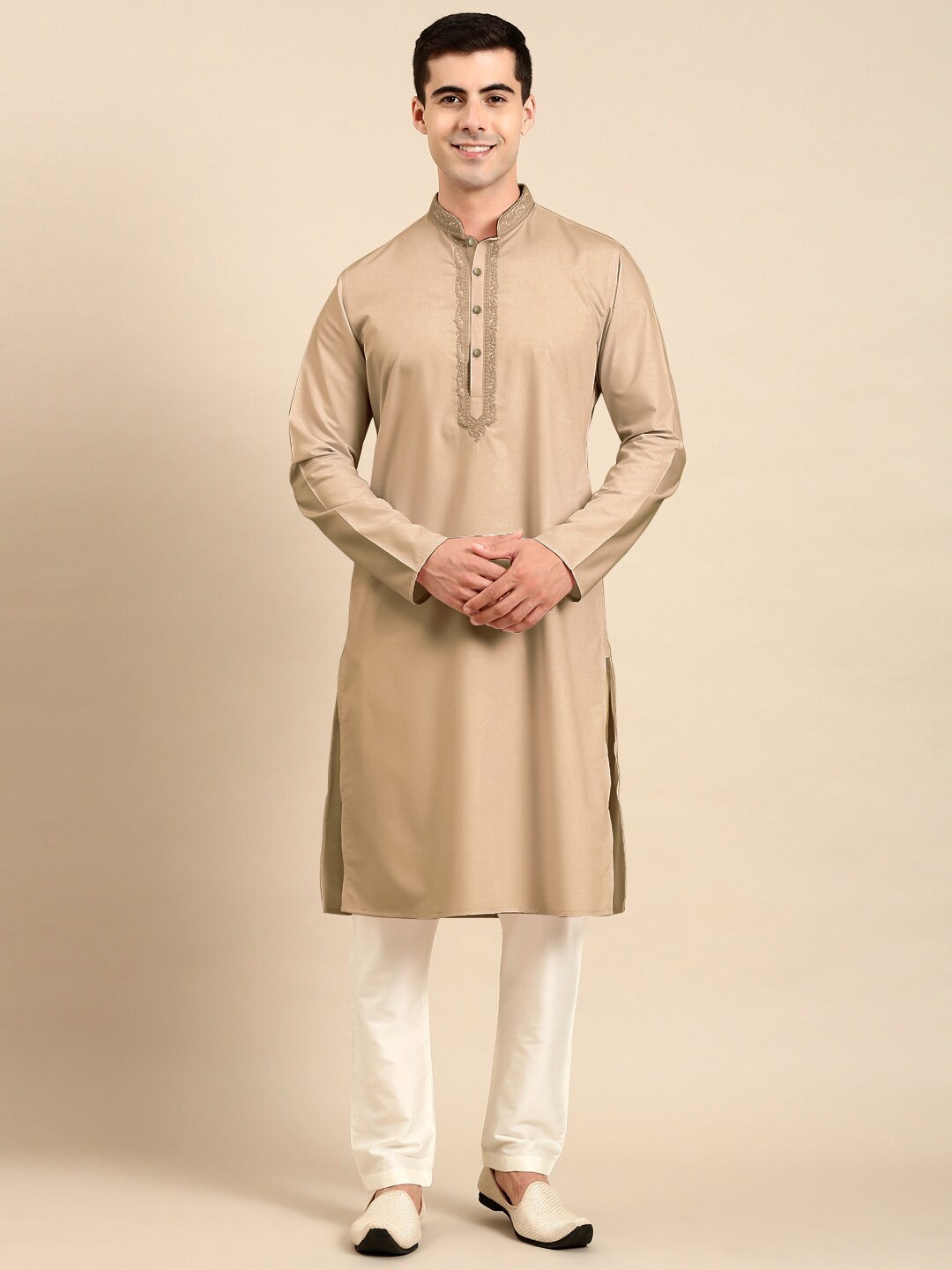 

TheEthnic.Co Thread Work Pure Cotton Kurta with Pyjamas, Beige