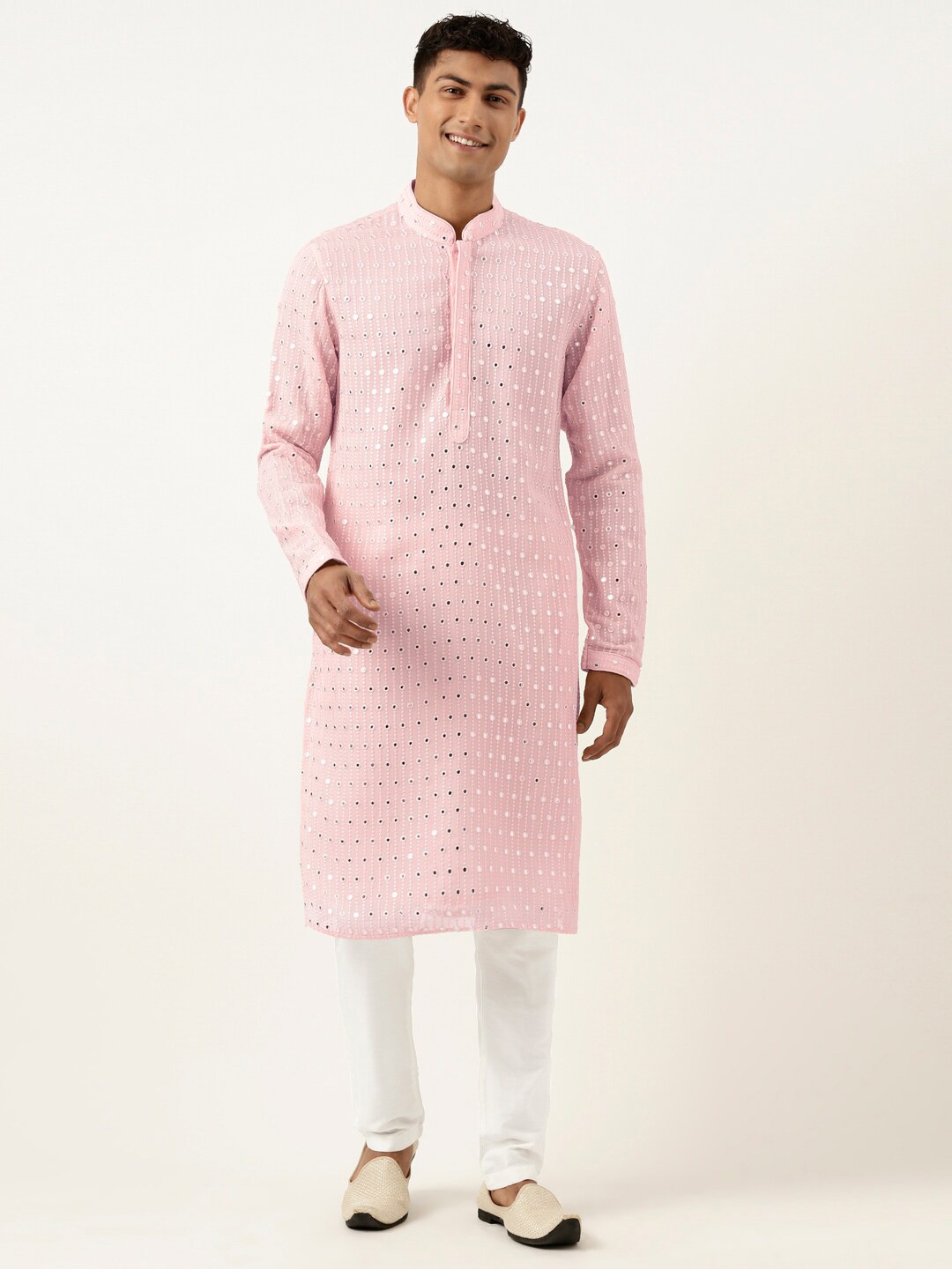 

TheEthnic.Co Striped Embroidered Mirror Work Kurta with Pyjamas, Pink