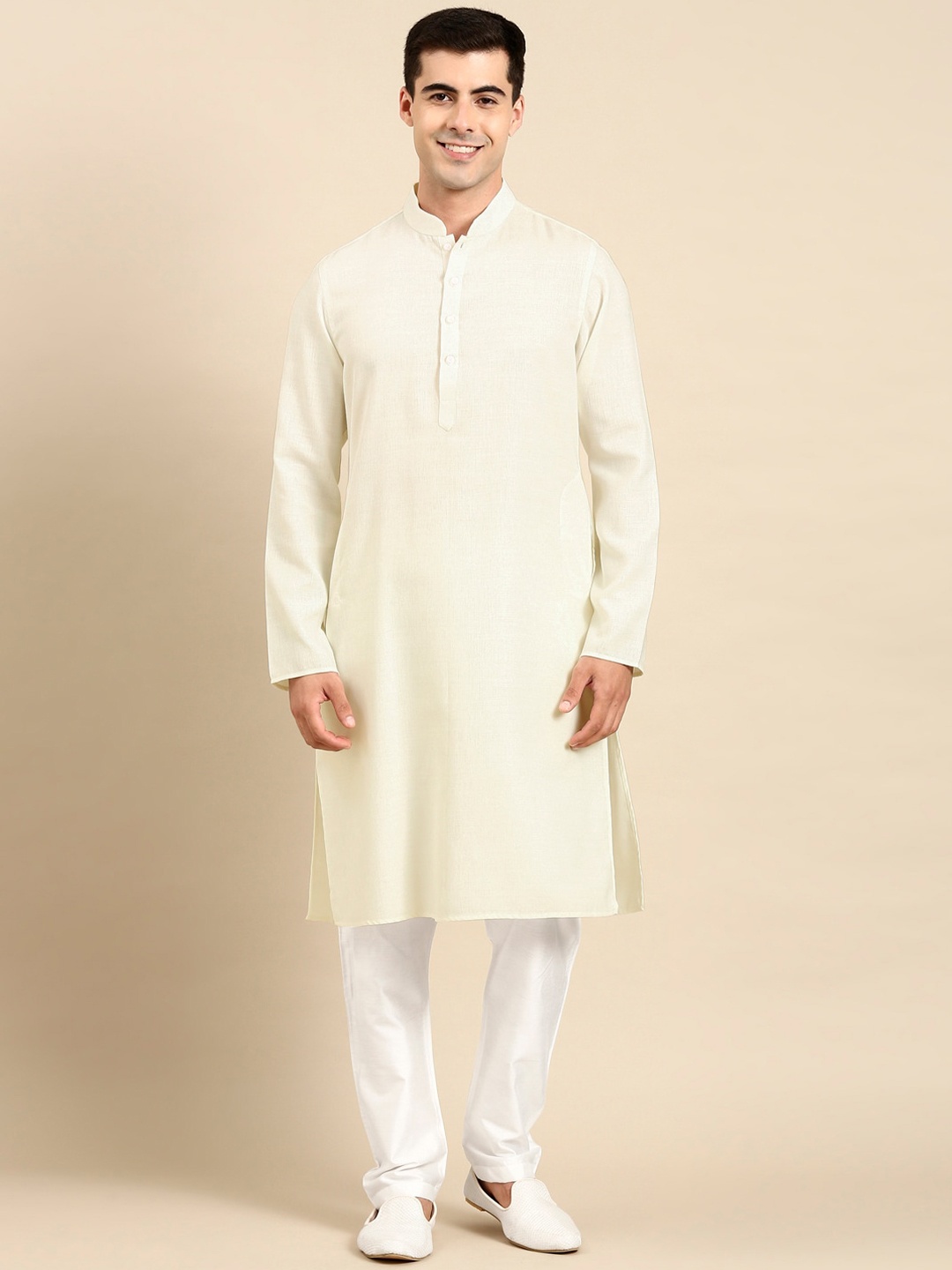 

TheEthnic.Co Mandarin Collar Regular Pure Cotton Kurta With Pyjamas, Cream
