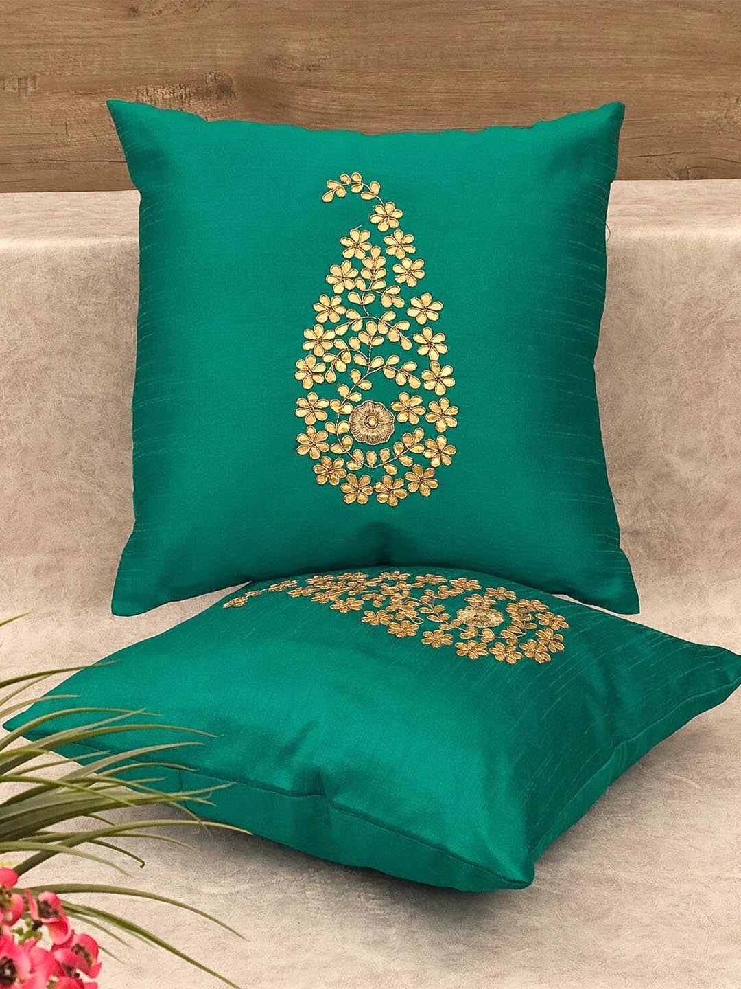 

RoyalDeco Teal and Gold Toned 2 Pieces Cushion Covers