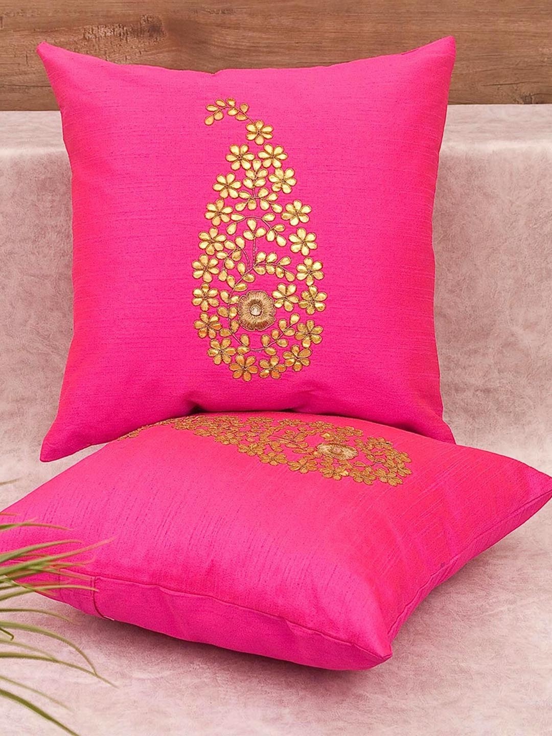 

RoyalDeco Magenta and Gold Toned 2 Pieces Cushion Covers