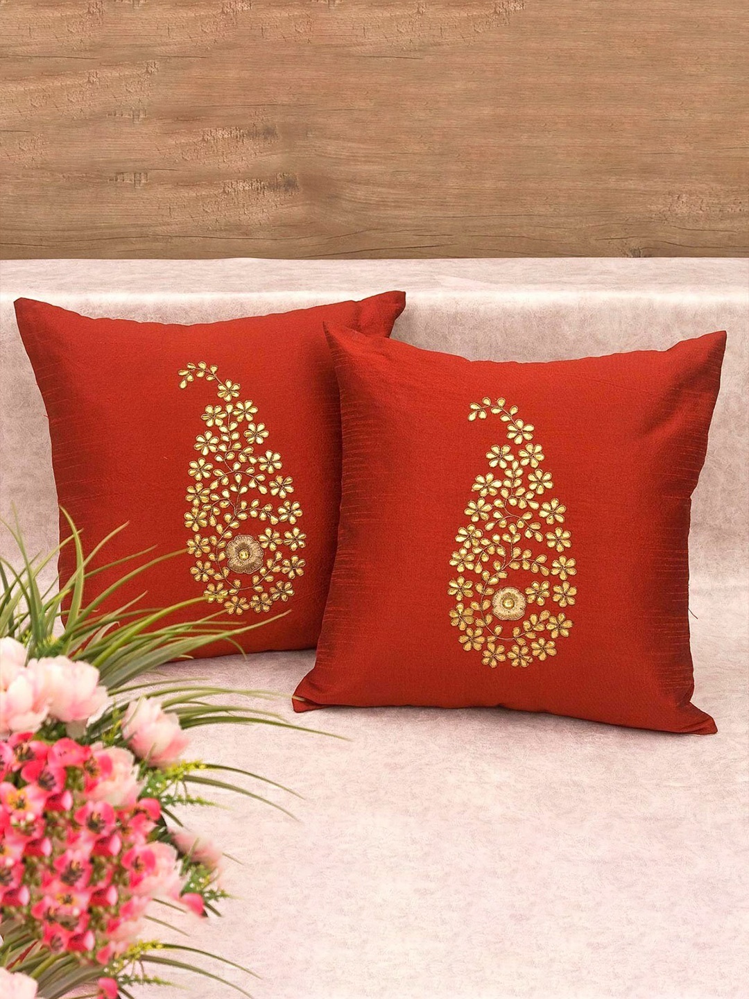 

RoyalDeco Maroon and Gold Toned 2 Pieces Cushion Cover