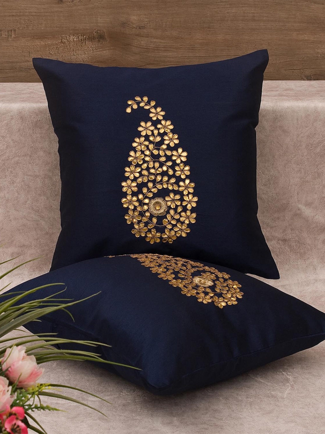 

RoyalDeco Navy Blue and Gold Toned 2 Pieces Cushion Covers