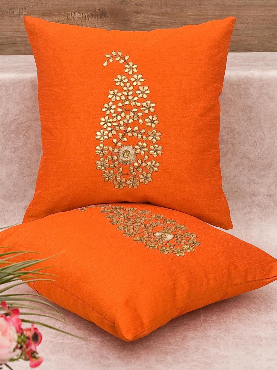 

RoyalDeco Orange and Gold Toned 2 Pieces Cushion Covers