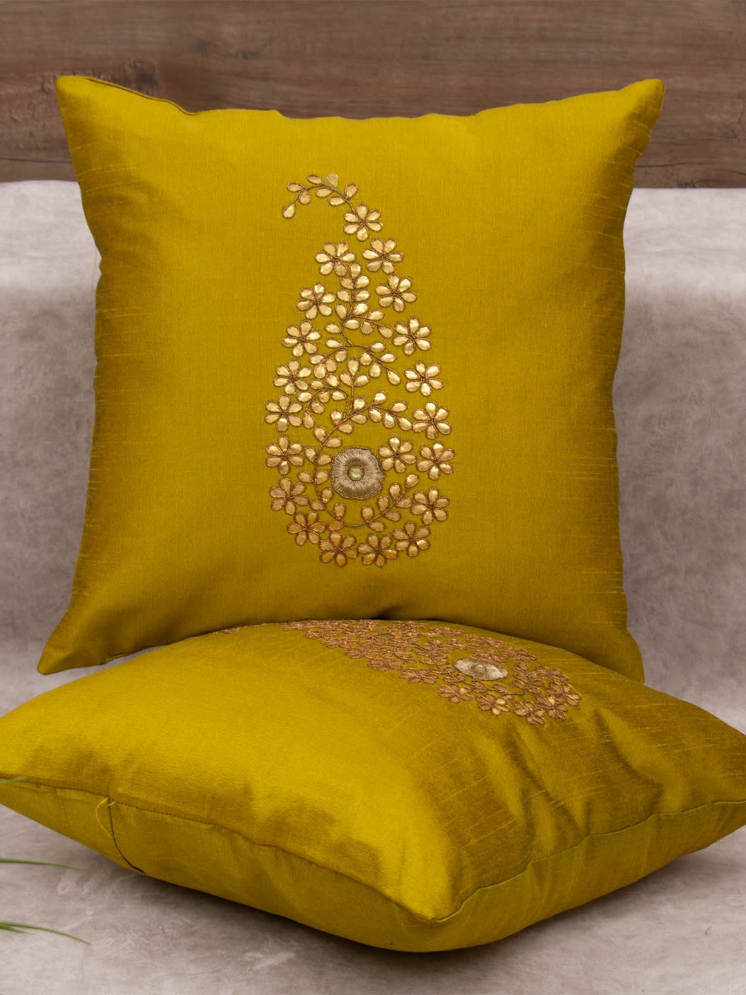 

RoyalDeco Mustard 2 Pieces Ethnic Motifs Silk Cushion Covers