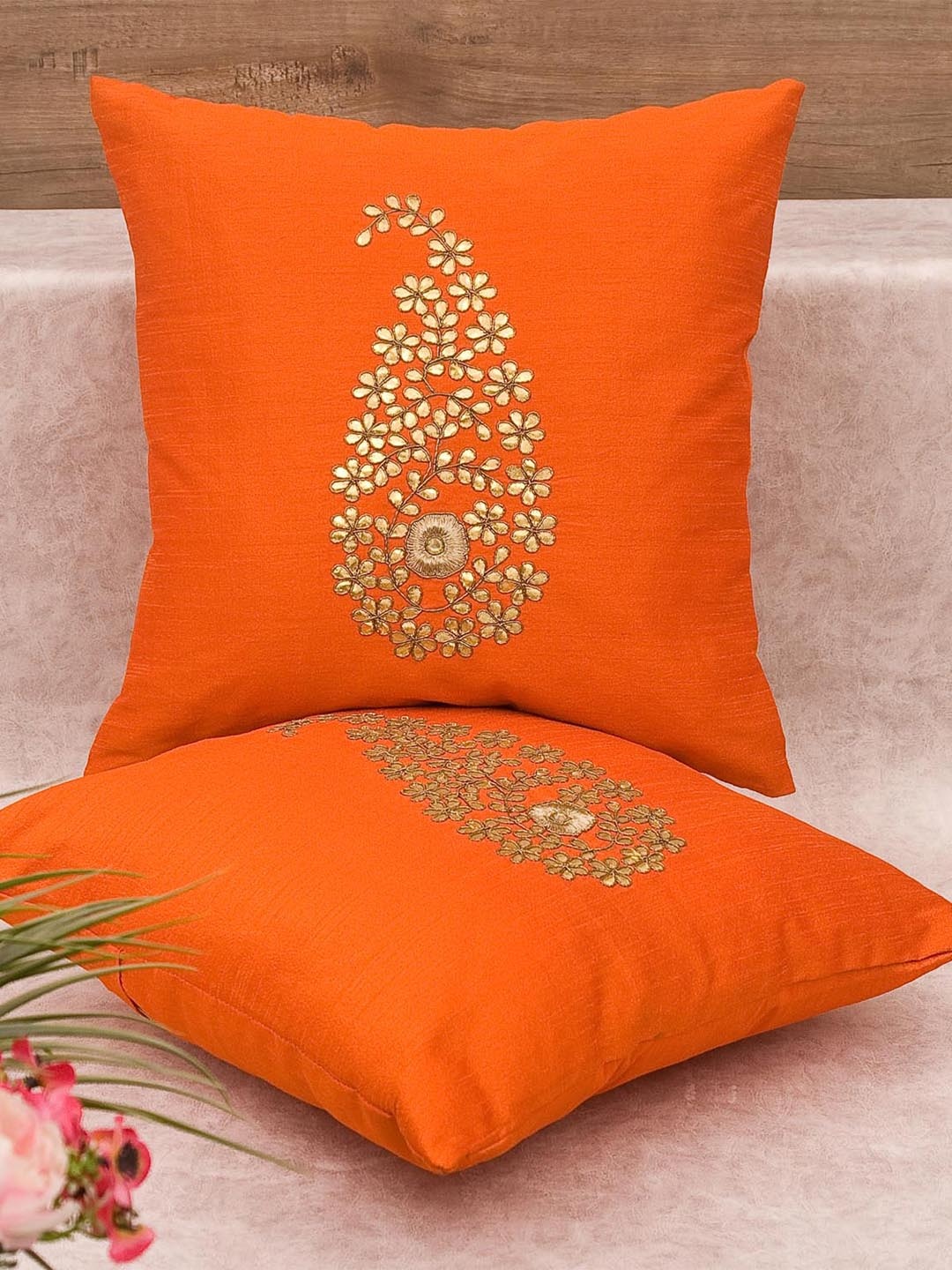 

RoyalDeco Orange & Gold Toned 2 Pieces Ethnic Motifs Silk Cushion Covers