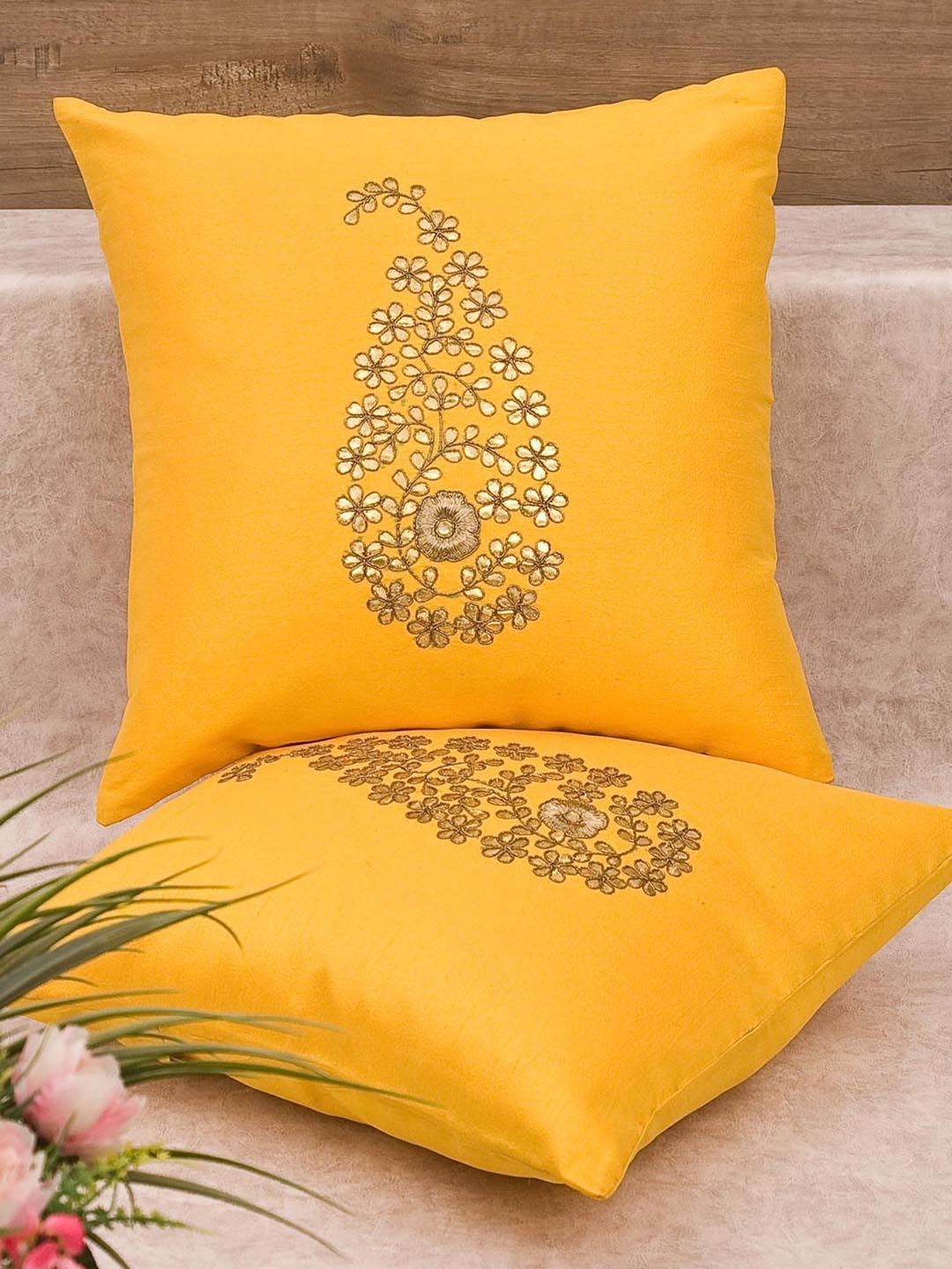 

RoyalDeco Yellow & Gold Toned 2 Pieces Ethnic Motifs Silk Cushion Covers