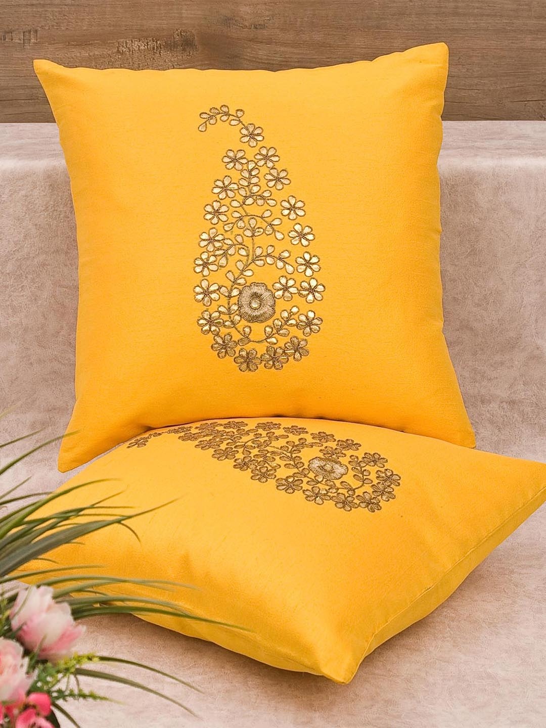 

RoyalDeco Yellow & Gold Toned 2 Pieces Ethnic Motifs Silk Cushion Covers