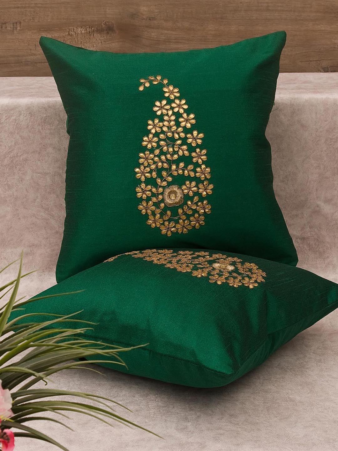 

RoyalDeco Green & Gold Toned 2 Pieces Ethnic Motifs Silk Cushion Covers