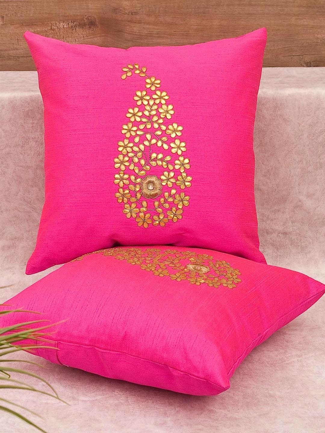 

RoyalDeco Magenta & Gold Toned 2 Pieces Ethnic Motifs Silk Cushion Covers