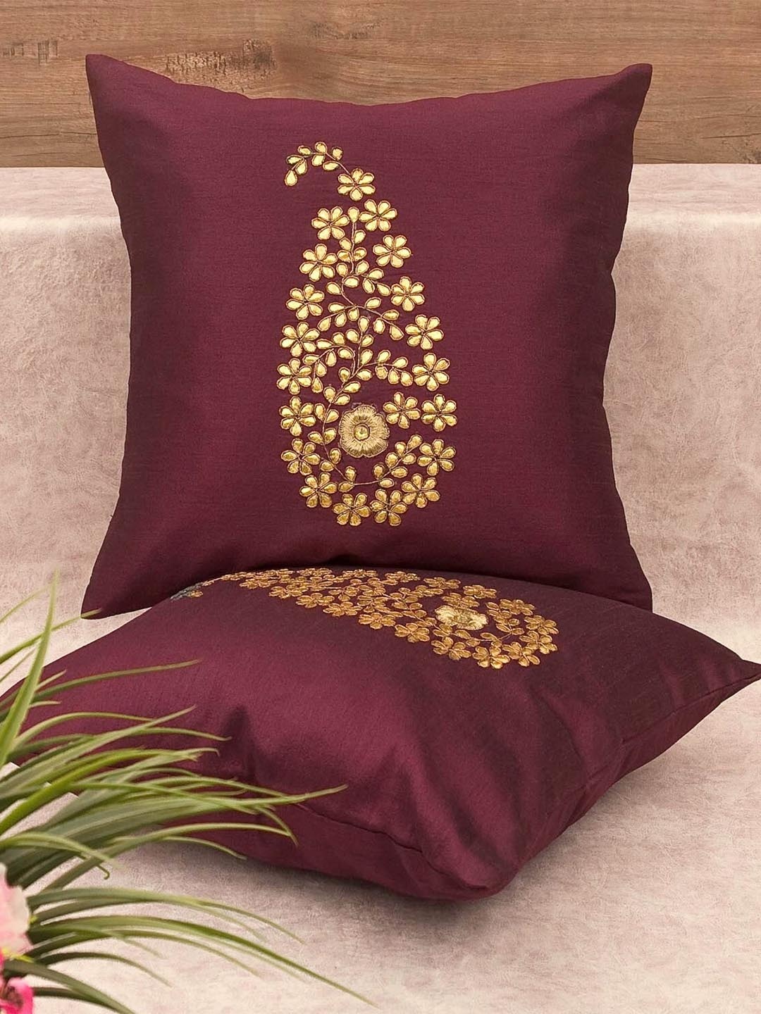 

RoyalDeco Burgundy & Gold Toned 2 Pieces Ethnic Motifs Silk Cushion Covers