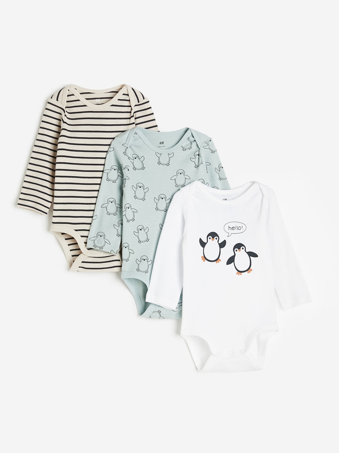 

H&M Boys Pure Cotton 3-Pack Long-Sleeved Bodysuits, White